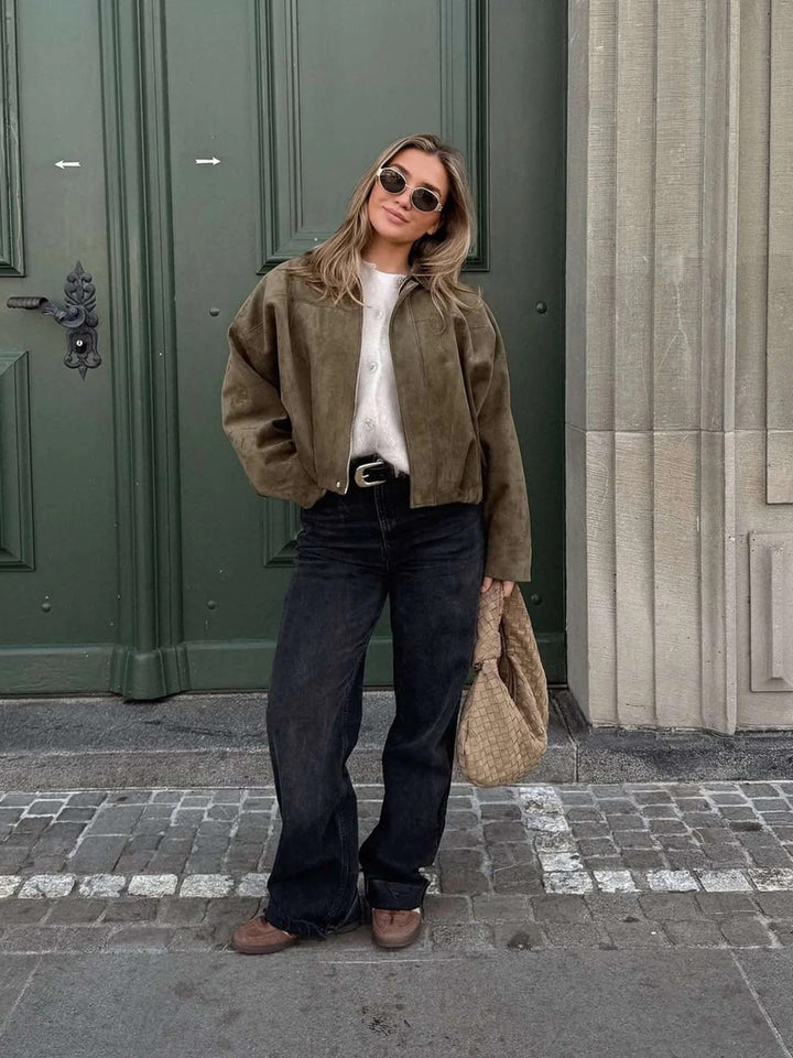 Faux Suede Collared Bomber Jacket Women