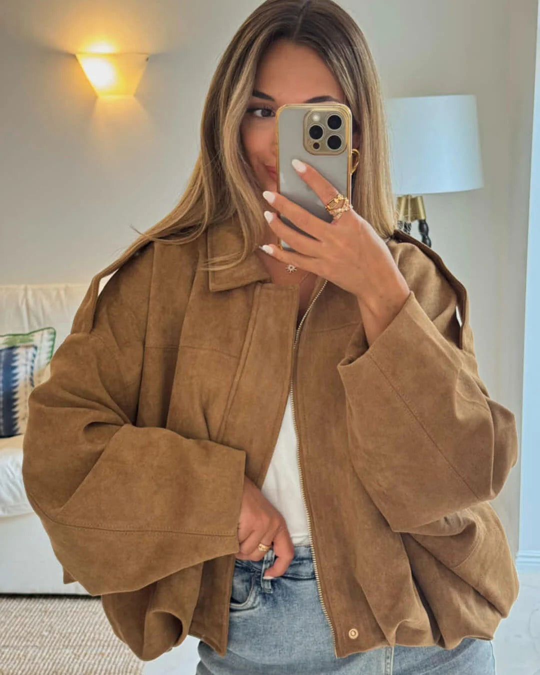 Faux Suede Collared Bomber Jacket Women