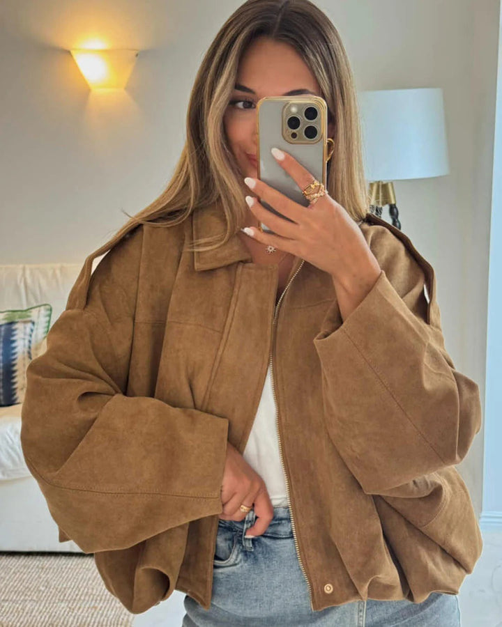 Faux Suede Collared Bomber Jacket Women