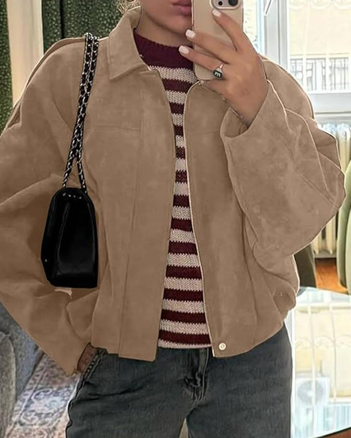 Faux Suede Collared Bomber Jacket Women