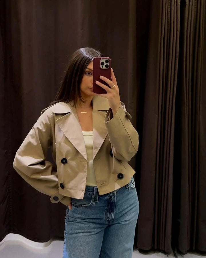 Women Short Double Breasted Trench Coat Structured