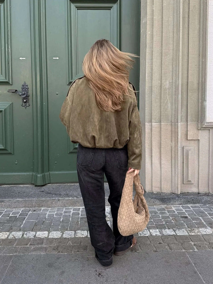 Faux Suede Collared Bomber Jacket Women