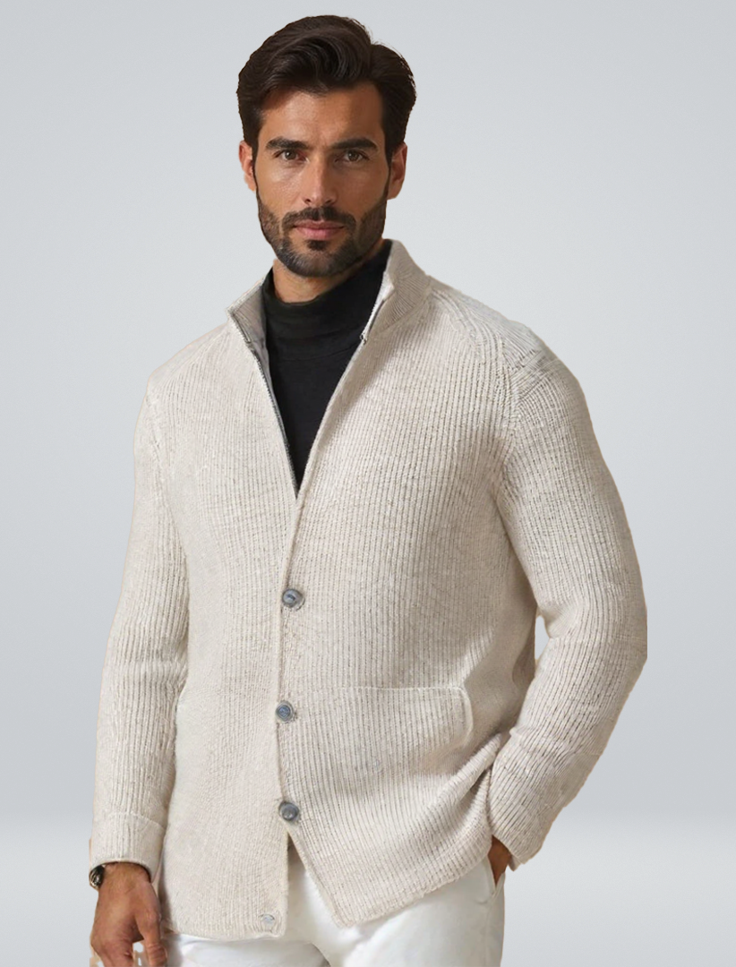 Mens Fine Knit Stand Collar Button Cardigan