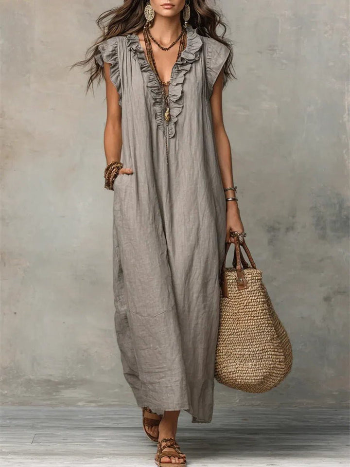 Womens Linen Maxi Dress V Neck Flutter Sleeves
