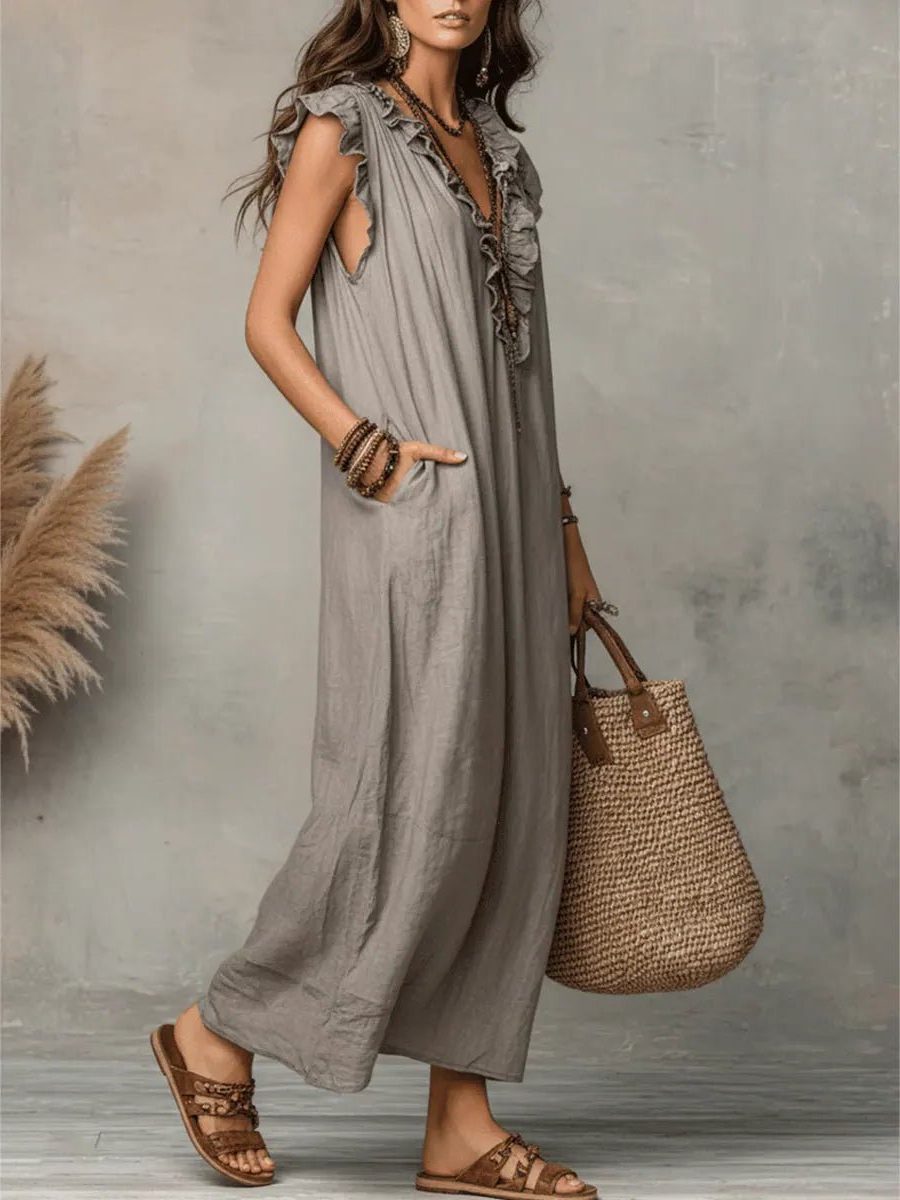 Womens Linen Maxi Dress V Neck Flutter Sleeves