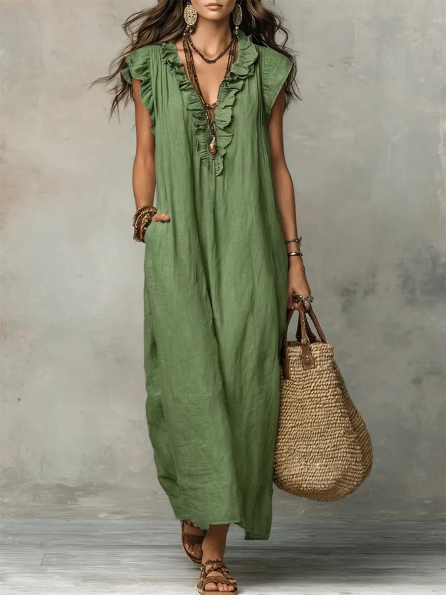 Womens Linen Maxi Dress V Neck Flutter Sleeves