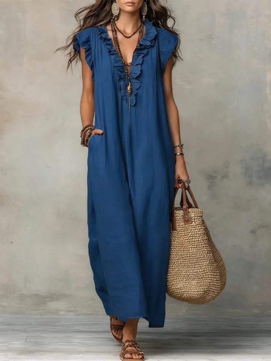 Womens Linen Maxi Dress V Neck Flutter Sleeves