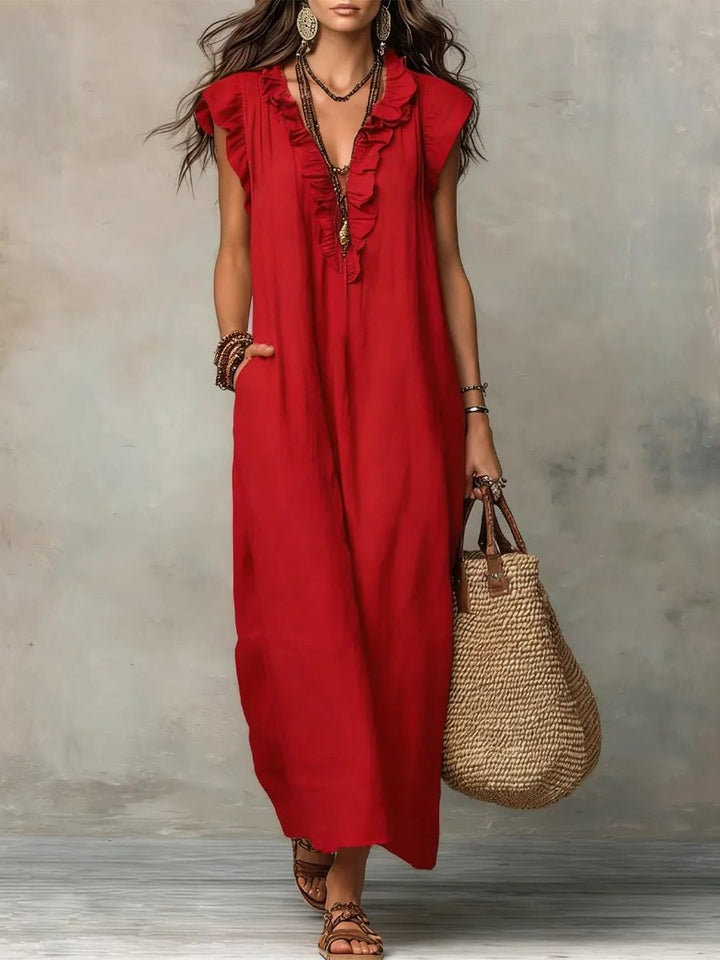 Womens Linen Maxi Dress V Neck Flutter Sleeves