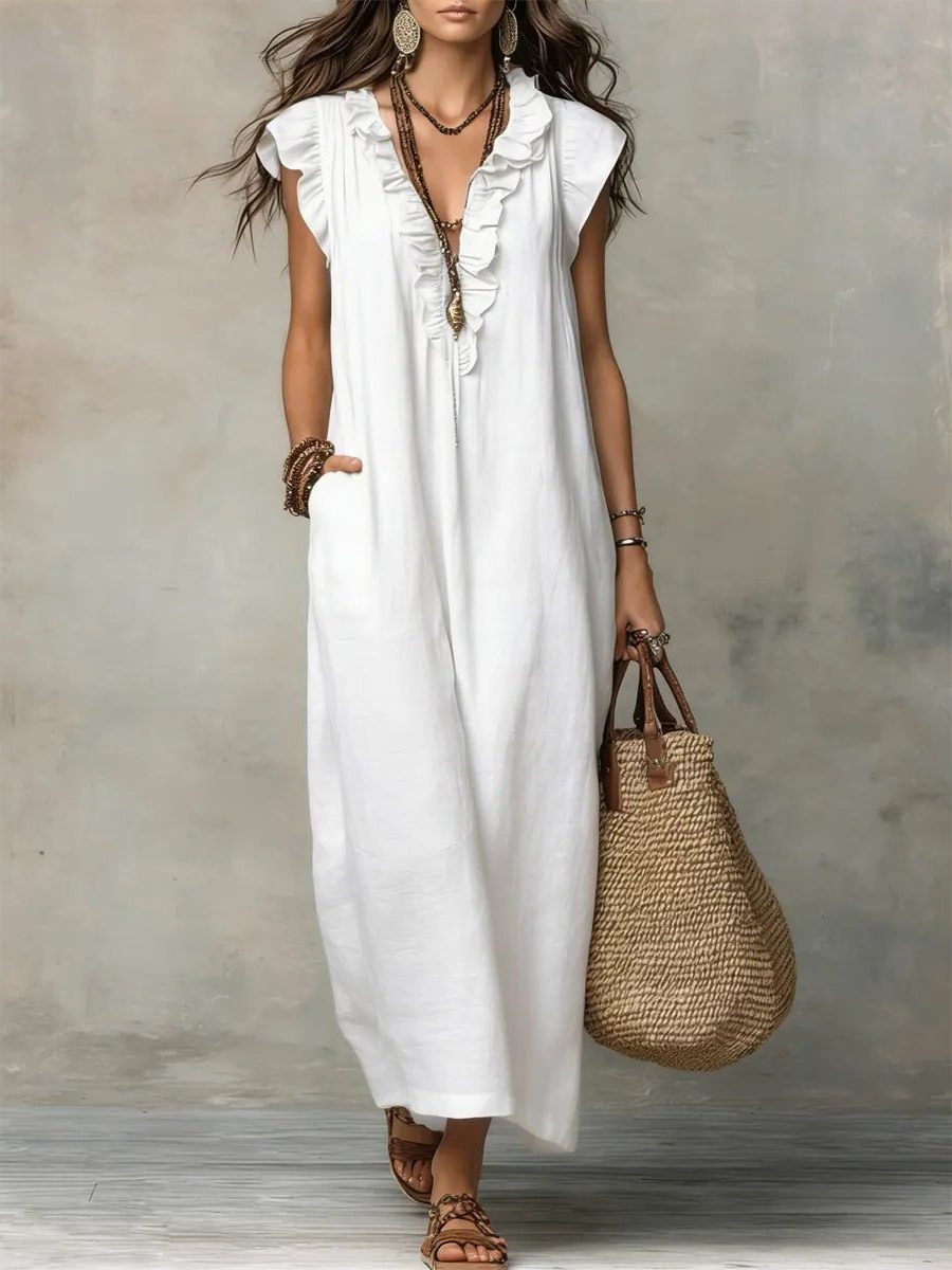 Womens Linen Maxi Dress V Neck Flutter Sleeves