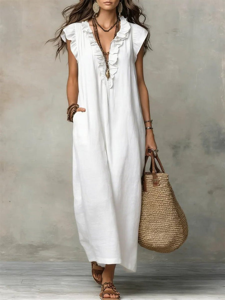Womens Linen Maxi Dress V Neck Flutter Sleeves