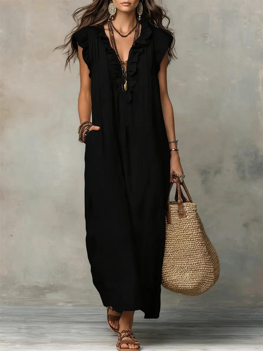 Womens Linen Maxi Dress V Neck Flutter Sleeves