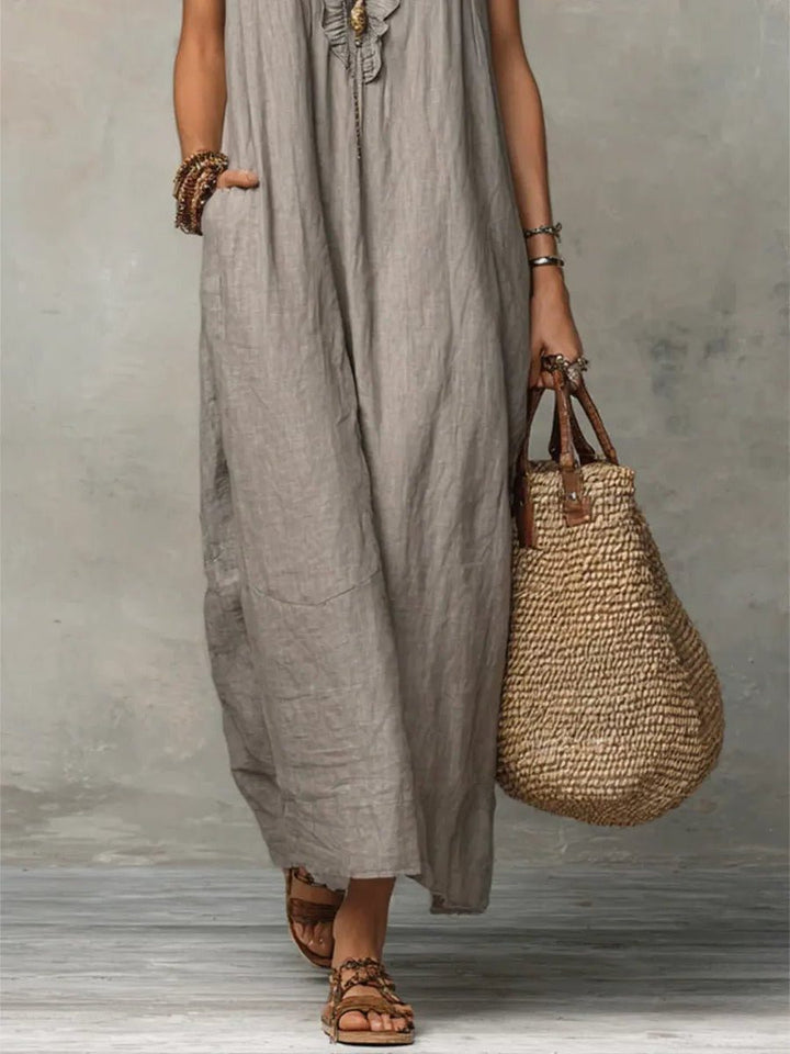 Womens Linen Maxi Dress V Neck Flutter Sleeves