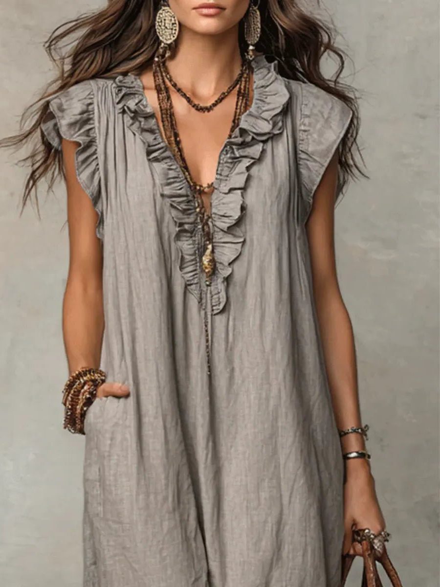 Womens Linen Maxi Dress V Neck Flutter Sleeves