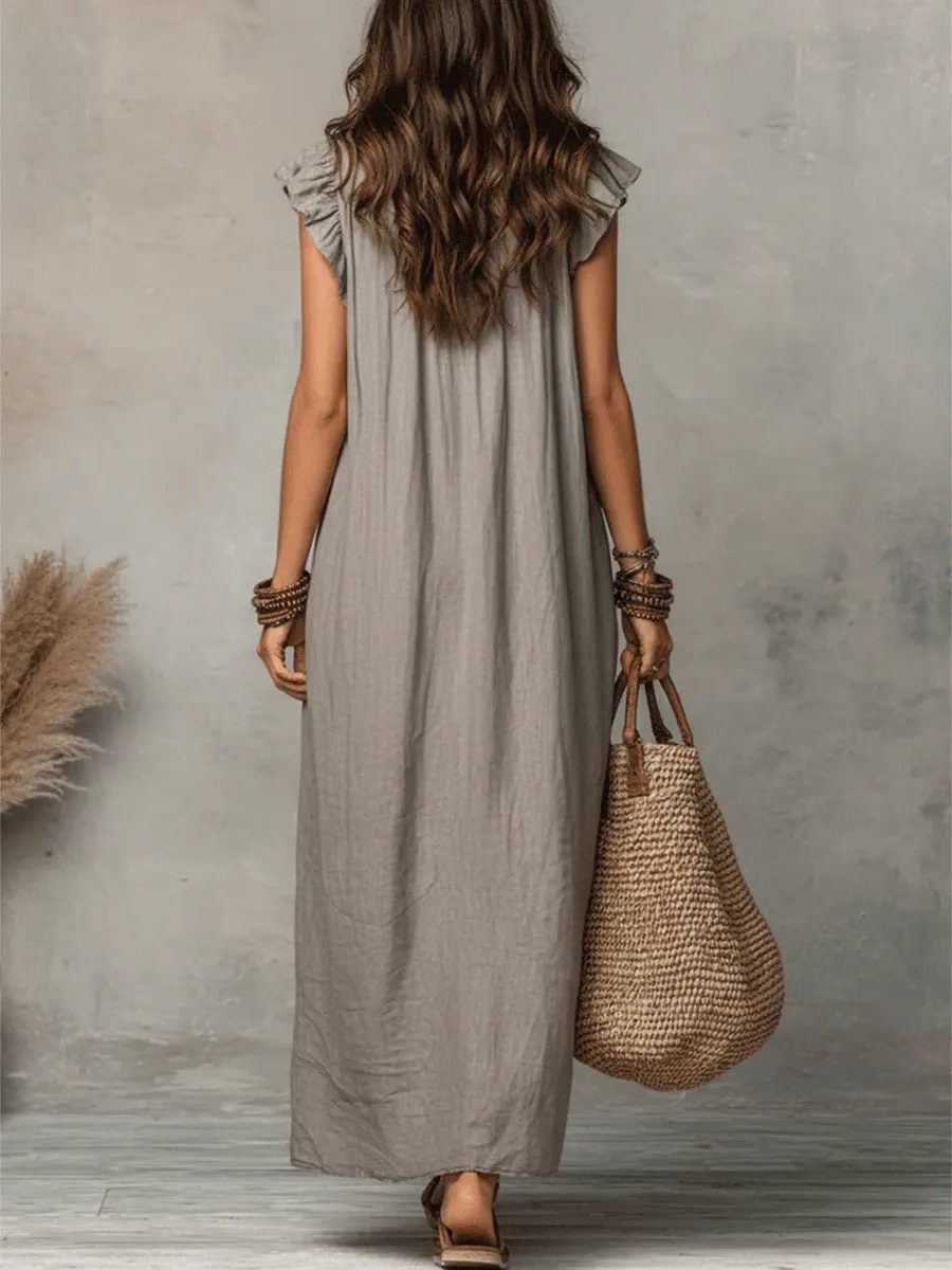 Womens Linen Maxi Dress V Neck Flutter Sleeves