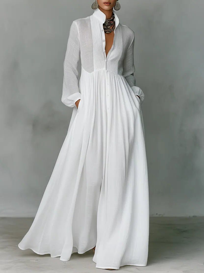 Womens Linen Blend Maxi Shirt Dress with Pockets