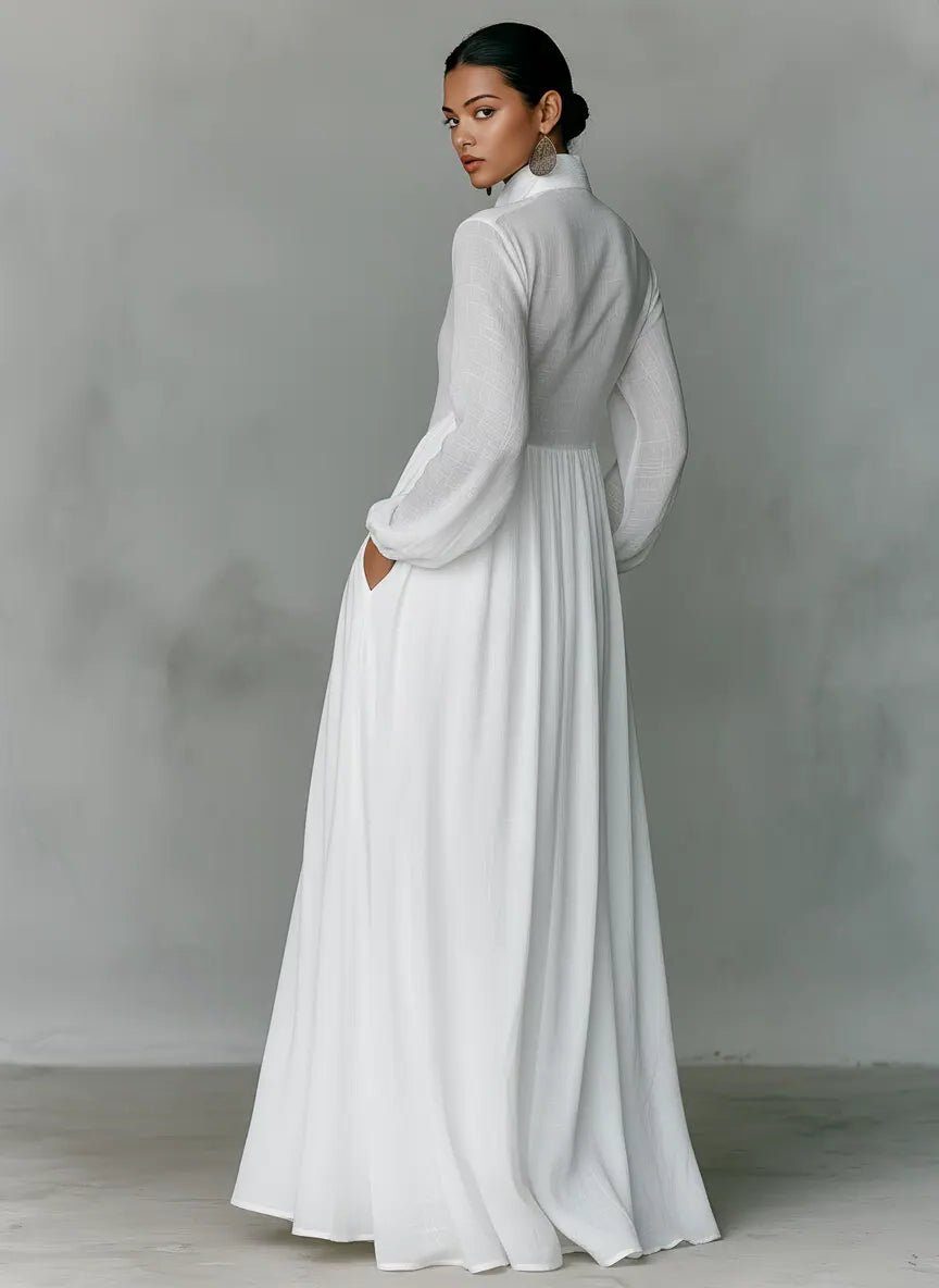 Womens Linen Blend Maxi Shirt Dress with Pockets
