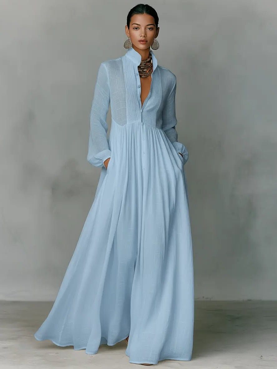 Womens Linen Blend Maxi Shirt Dress with Pockets