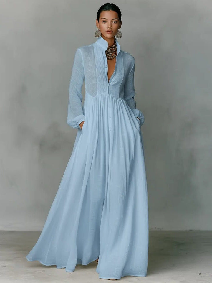 Womens Linen Blend Maxi Shirt Dress with Pockets