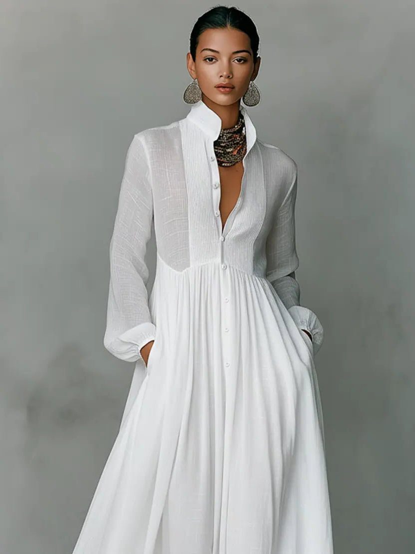 Womens Linen Blend Maxi Shirt Dress with Pockets