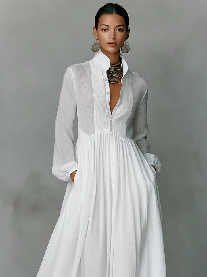 Womens Linen Blend Maxi Shirt Dress with Pockets