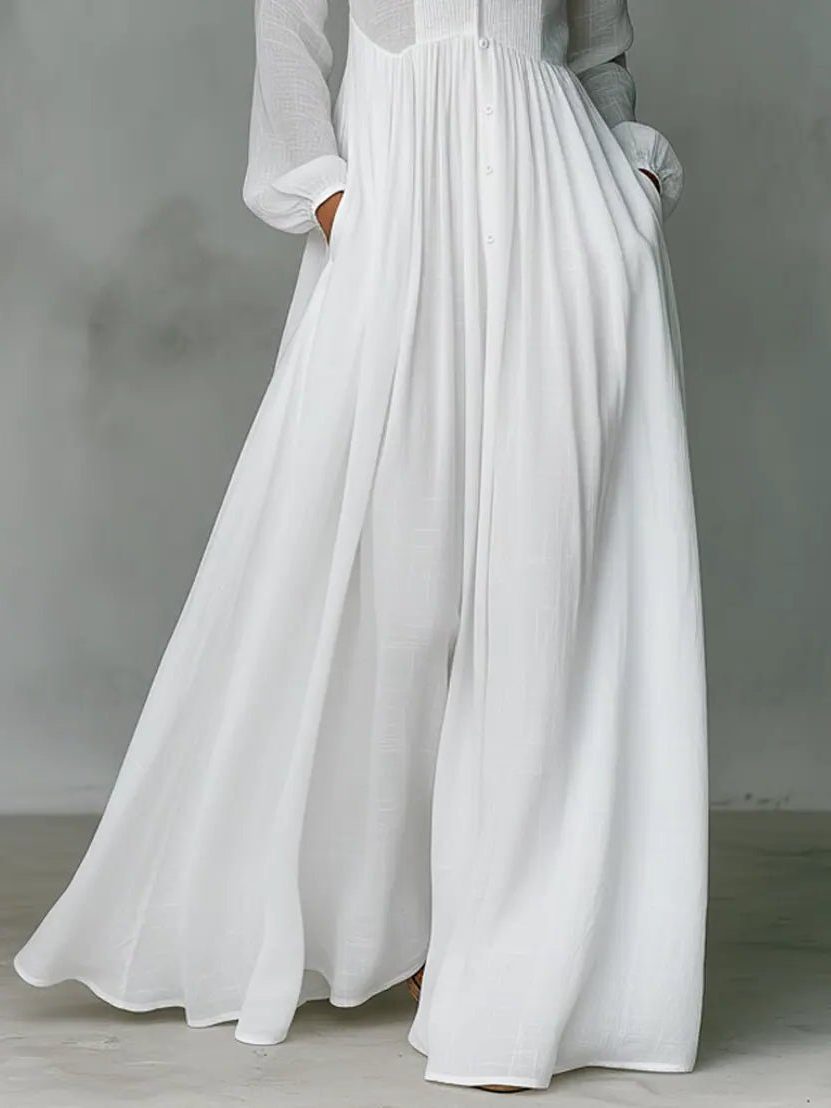 Womens Linen Blend Maxi Shirt Dress with Pockets