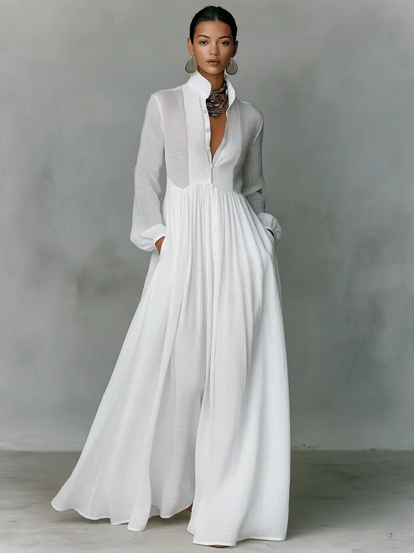 Womens Linen Blend Maxi Shirt Dress with Pockets