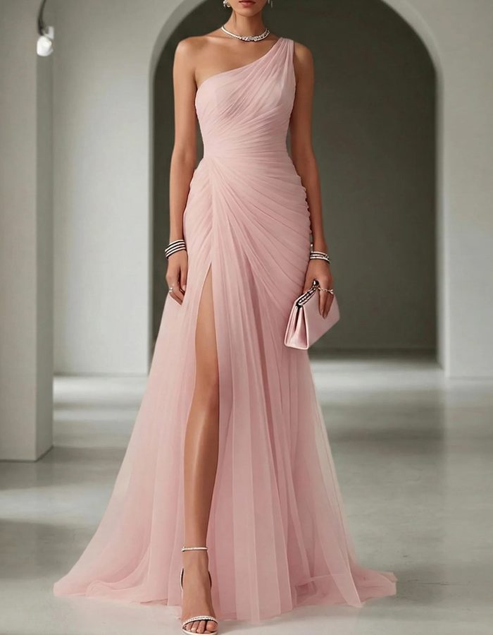 One Shoulder Pleated Maxi Dress for Women Wedding Guest