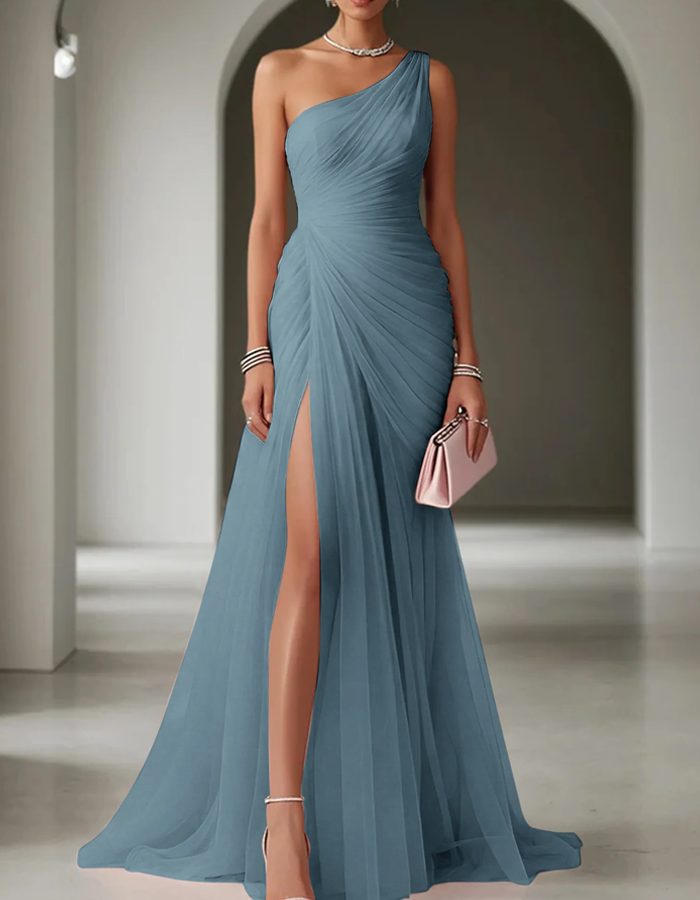 One Shoulder Pleated Maxi Dress for Women Wedding Guest