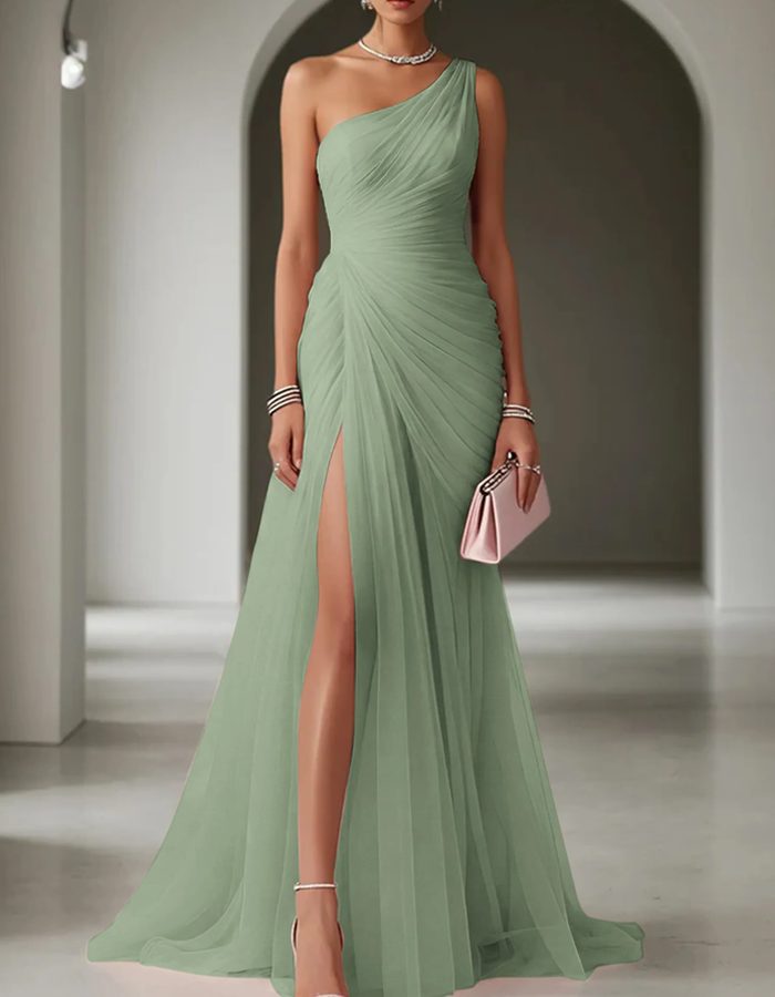 One Shoulder Pleated Maxi Dress for Women Wedding Guest