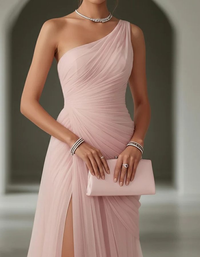 One Shoulder Pleated Maxi Dress for Women Wedding Guest