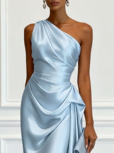 Women One Shoulder Ruched Midi Dress Wedding Guest