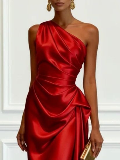Women One Shoulder Ruched Midi Dress Wedding Guest