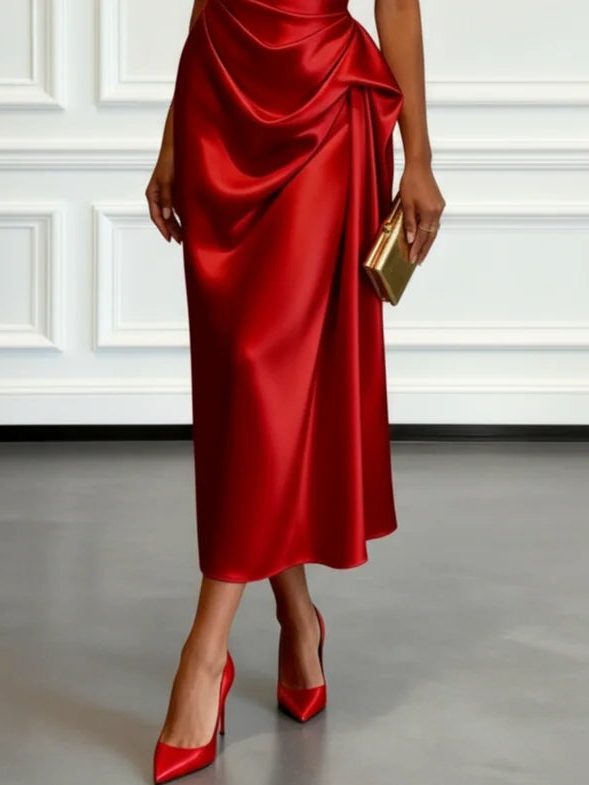 Women One Shoulder Ruched Midi Dress Wedding Guest