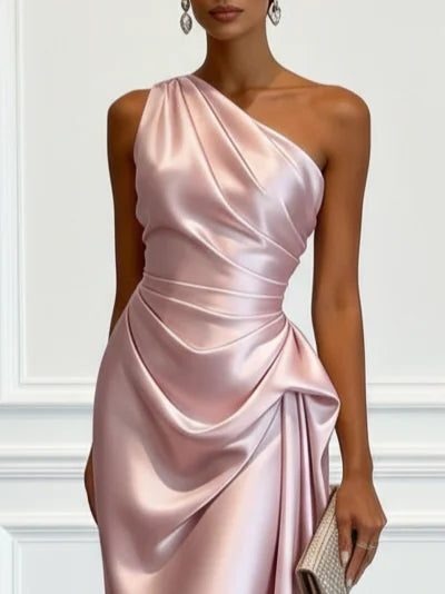 Women One Shoulder Ruched Midi Dress Wedding Guest