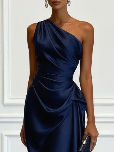 Women One Shoulder Ruched Midi Dress Wedding Guest
