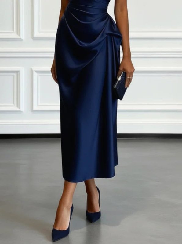 Women One Shoulder Ruched Midi Dress Wedding Guest