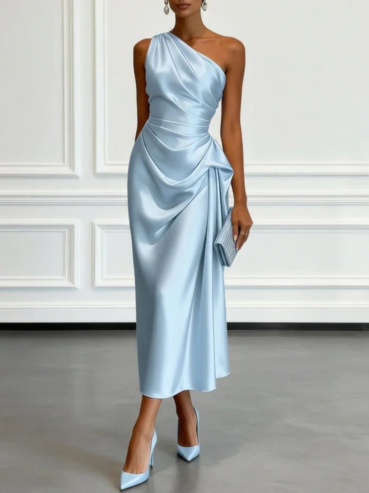 Women One Shoulder Ruched Midi Dress Wedding Guest