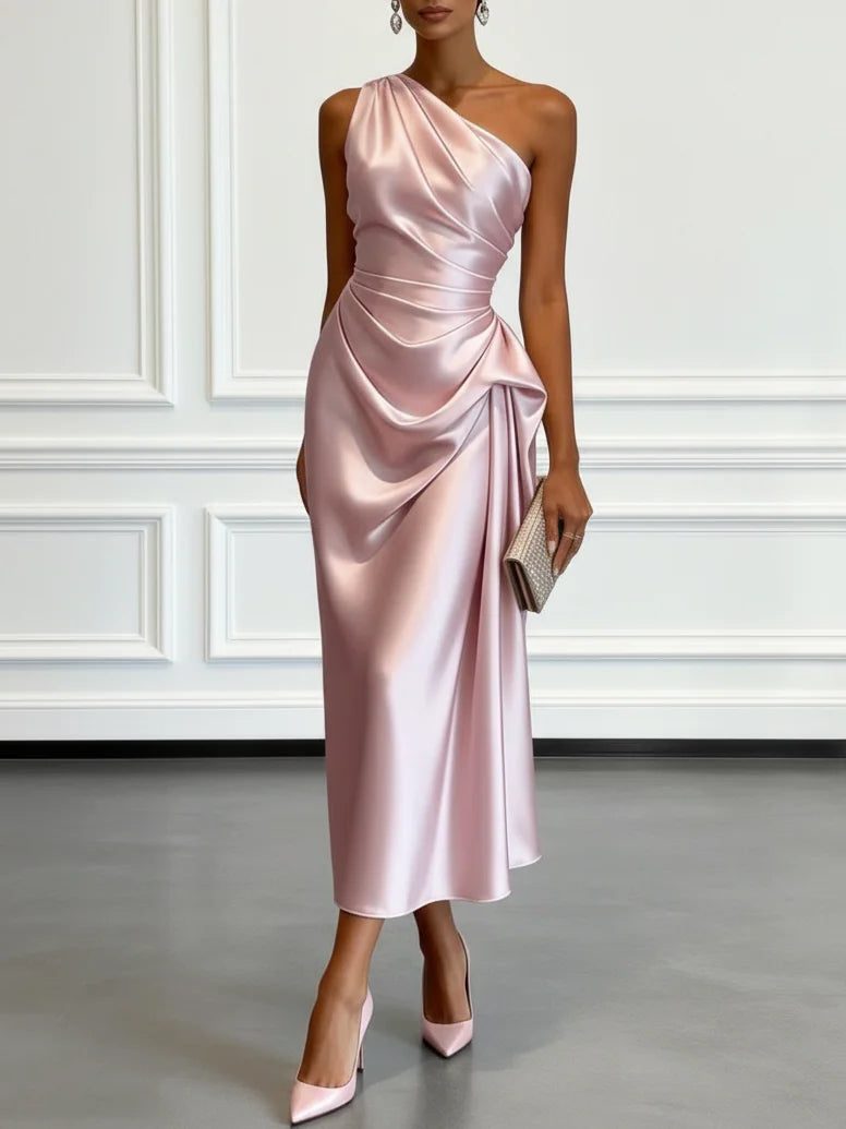 Women One Shoulder Ruched Midi Dress Wedding Guest