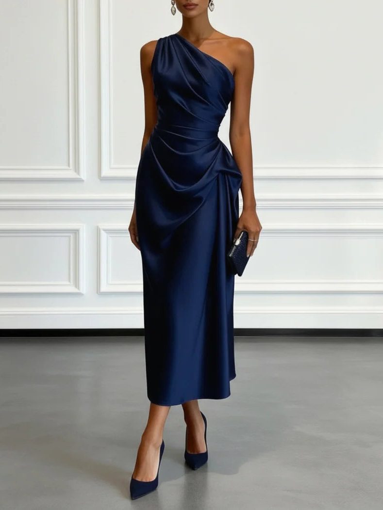 Women One Shoulder Ruched Midi Dress Wedding Guest