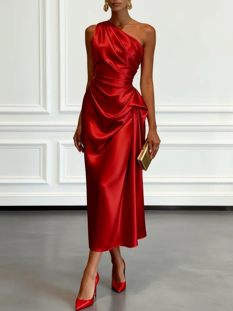 Women One Shoulder Ruched Midi Dress Wedding Guest