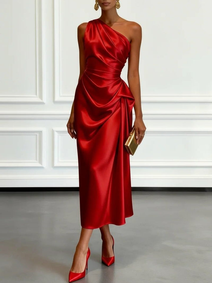 Women One Shoulder Ruched Midi Dress Wedding Guest