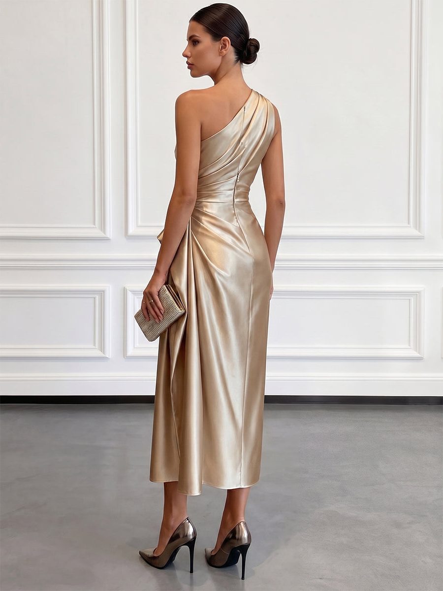 Women One Shoulder Ruched Midi Dress Wedding Guest