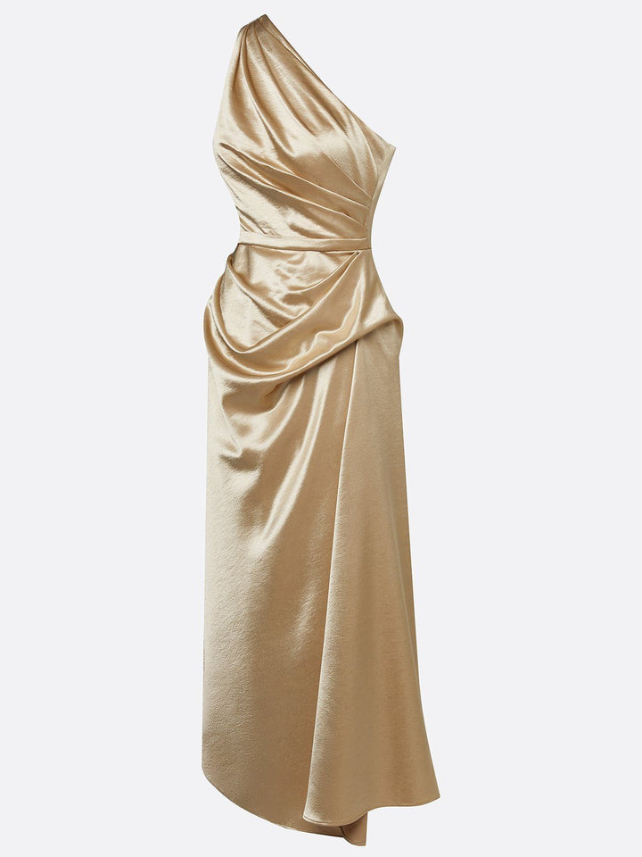 Women One Shoulder Ruched Midi Dress Wedding Guest