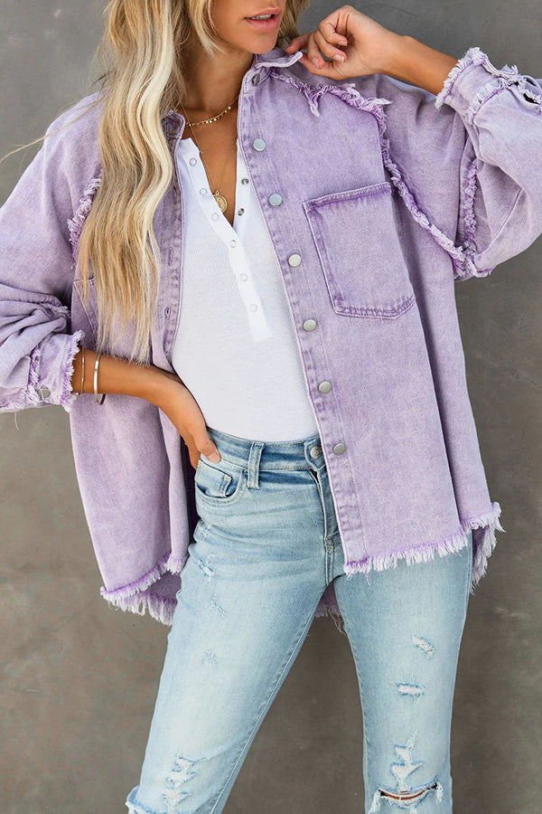 Oversized Denim Jacket with Fringe Detail Women