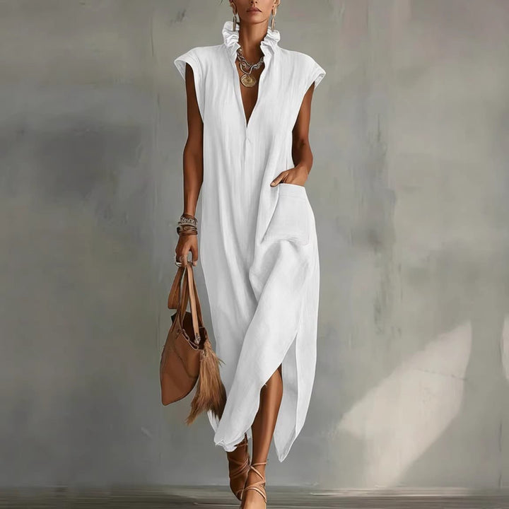Womens Linen Midi Dress Sleeveless V Neck Asymmetric Hem