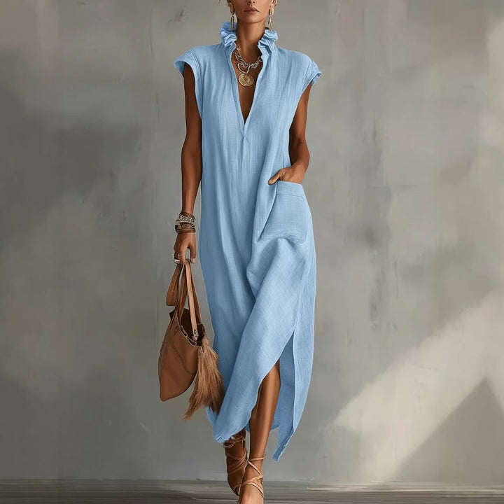 Womens Linen Midi Dress Sleeveless V Neck Asymmetric Hem