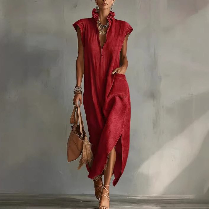 Womens Linen Midi Dress Sleeveless V Neck Asymmetric Hem