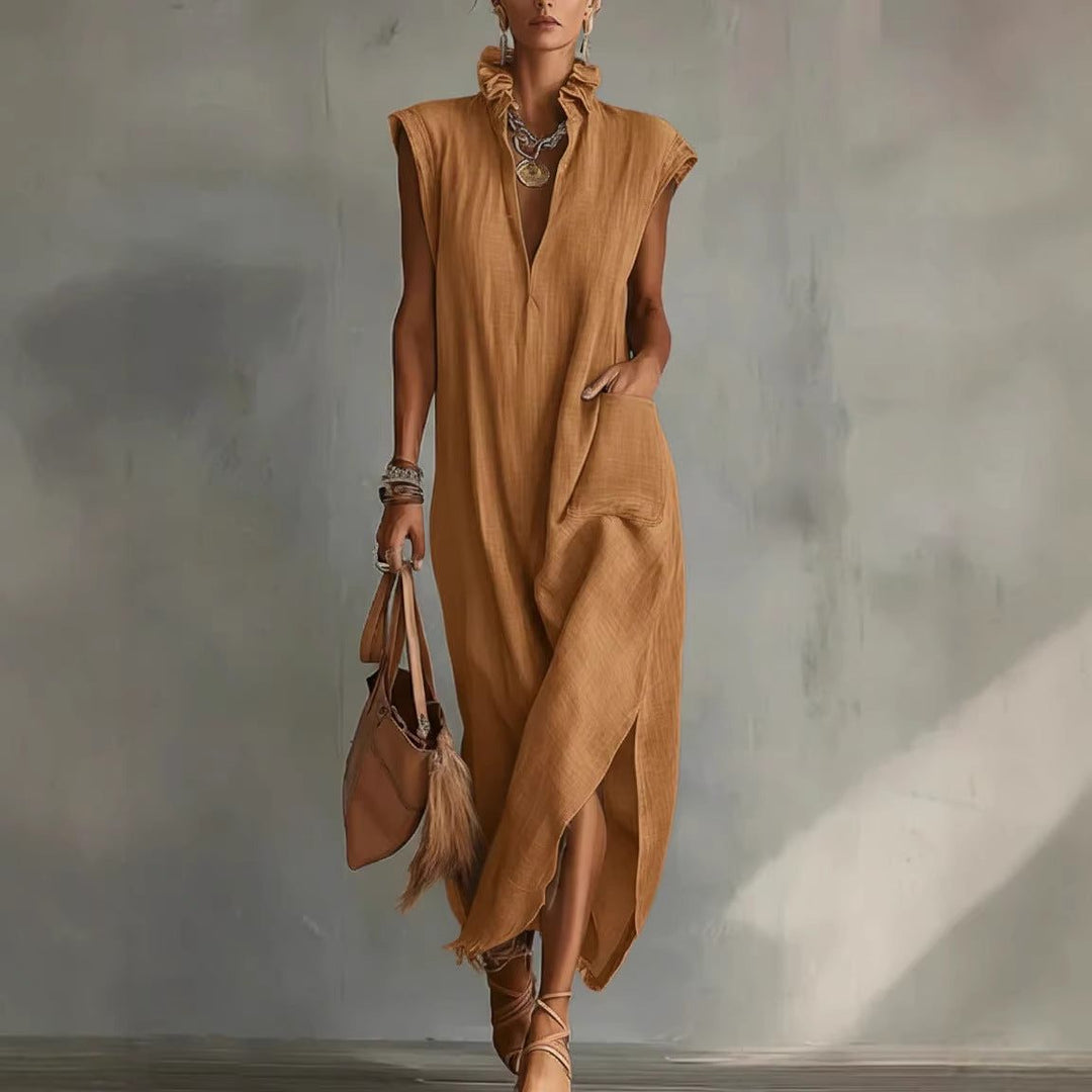 Womens Linen Midi Dress Sleeveless V Neck Asymmetric Hem