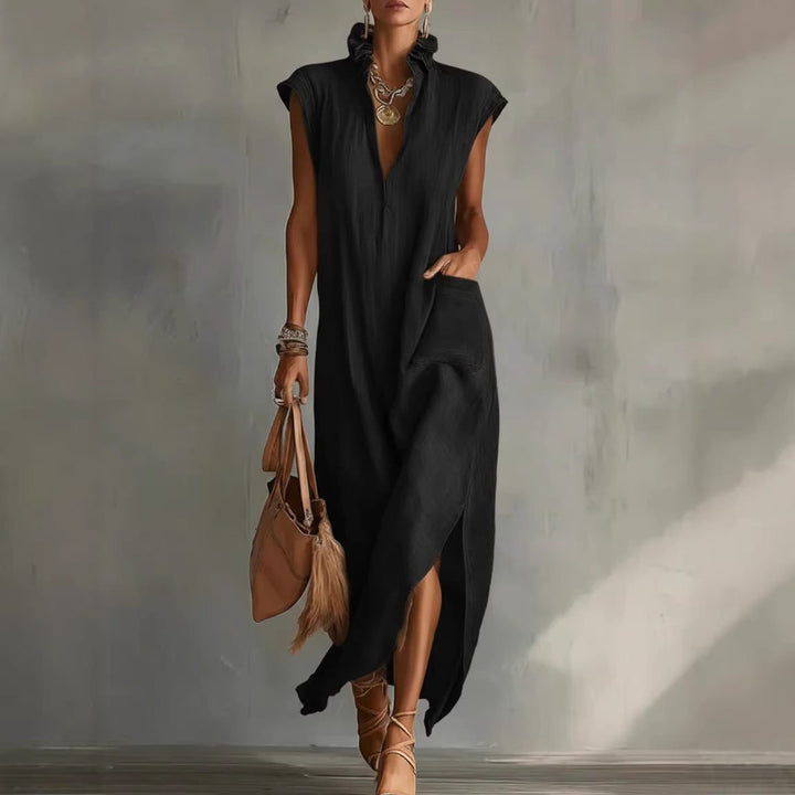 Womens Linen Midi Dress Sleeveless V Neck Asymmetric Hem