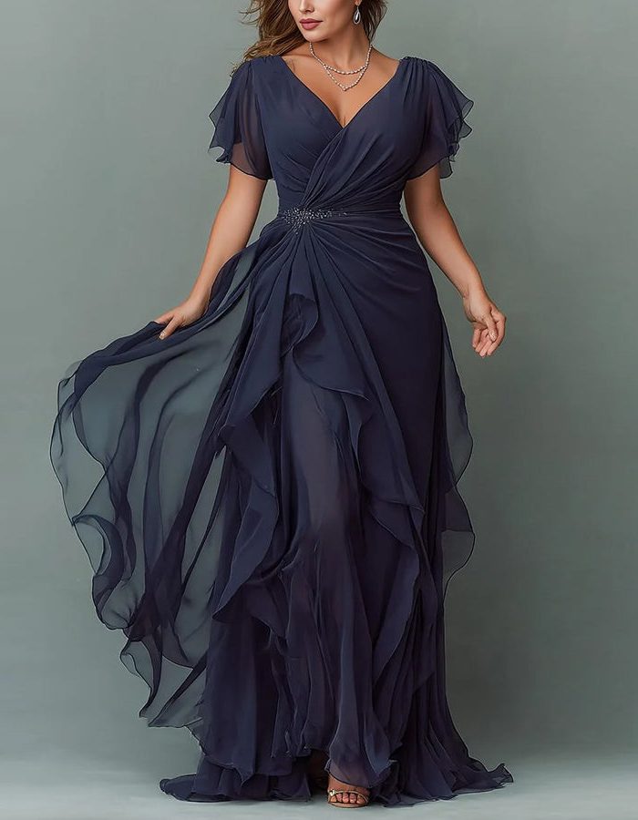 Women Maxi Dress Tiered Ruffle V-Neck Wedding Guest